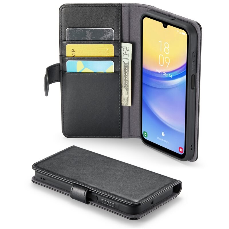 Mobique Samsung Galaxy A25 Echt lederen hoesje Zwart - Klassiek boekhoesje met plek voor briefgeld en pasjes