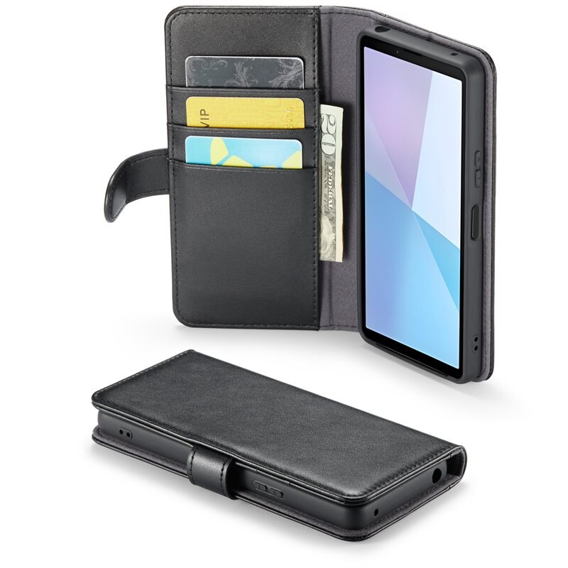 Mobique Sony Xperia 10 VI Echt lederen hoesje Zwart - Klassiek boekhoesje met plek voor briefgeld en pasjes