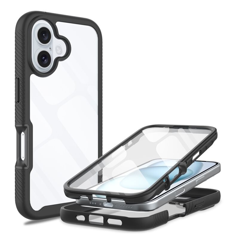 Mobique iPhone 16 Plus Full Protection Hoesje Zwart/transparant - Volledig dekkend hoesje met gehard glazen schermbescherming