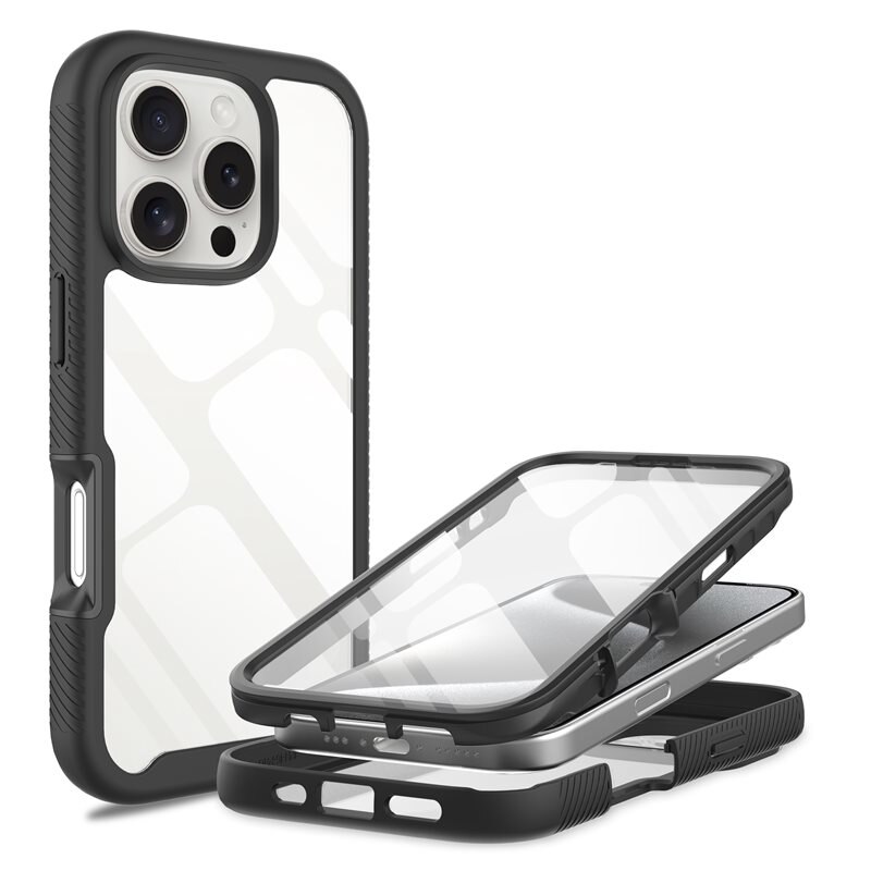 Mobique iPhone 16 Pro Full Protection Hoesje Zwart/transparant - Volledig dekkend hoesje met gehard glazen schermbescherming