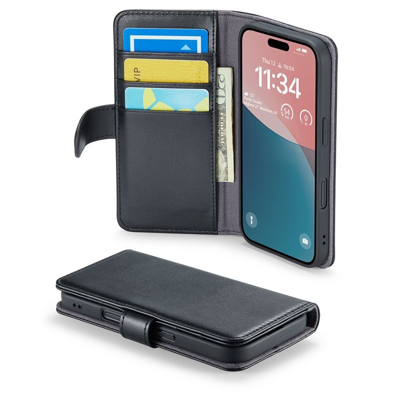 Mobique iPhone 16 Echt lederen hoesje Zwart - Klassiek boekhoesje met plek voor briefgeld en pasjes