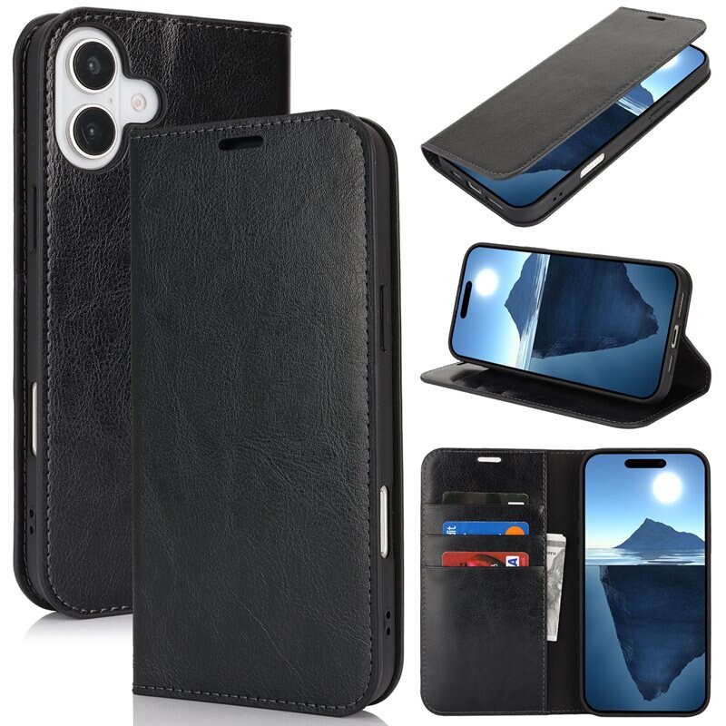 iPhone 16 Plus Mobielhoesje Echt Leer Zwart - Dun hoesje met kaartvak en standaardfunctie