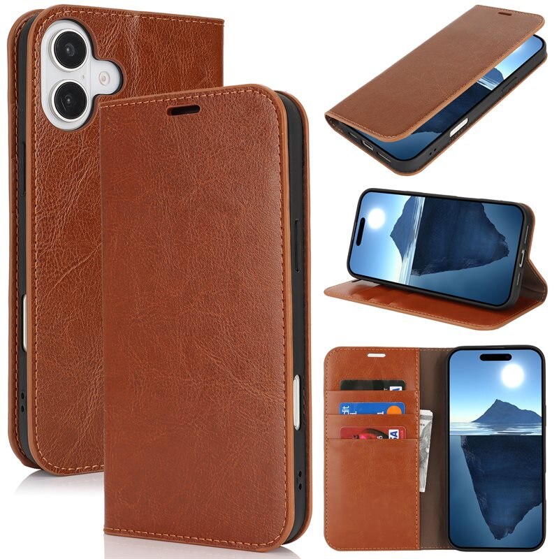 iPhone 16 Plus Mobielhoesje Echt Leer Bruin - Dun hoesje met kaartvak en standaardfunctie