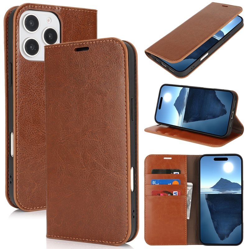 iPhone 16 Pro Mobielhoesje Echt Leer Bruin - Dun hoesje met kaartvak en standaardfunctie