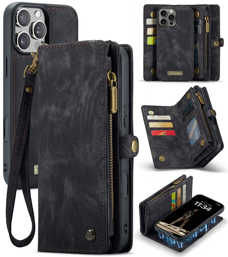 CaseMe Multi-slot Hoesje iPhone 16 Pro Max Grijs - Telefoonhoesje met plek voor extra veel pasjes - Pasjeshouder