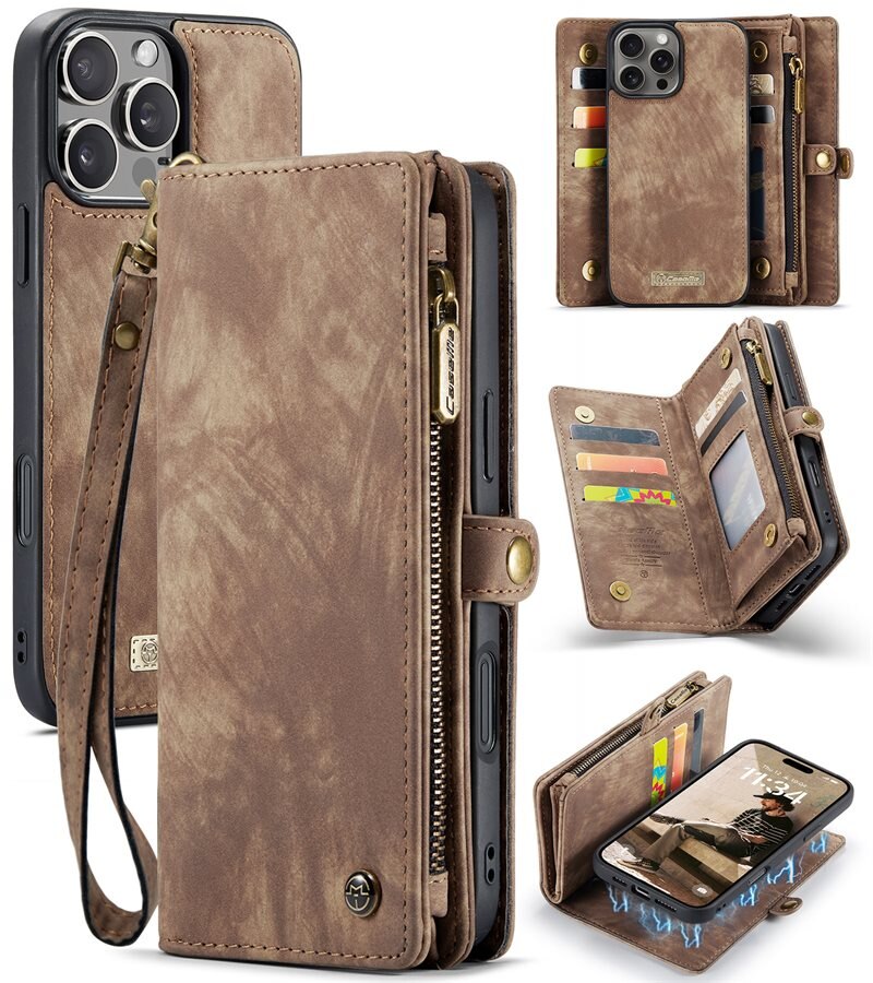 CaseMe Multi-slot Hoesje iPhone 16 Pro Bruin - Telefoonhoesje met plek voor extra veel pasjes - Pasjeshouder
