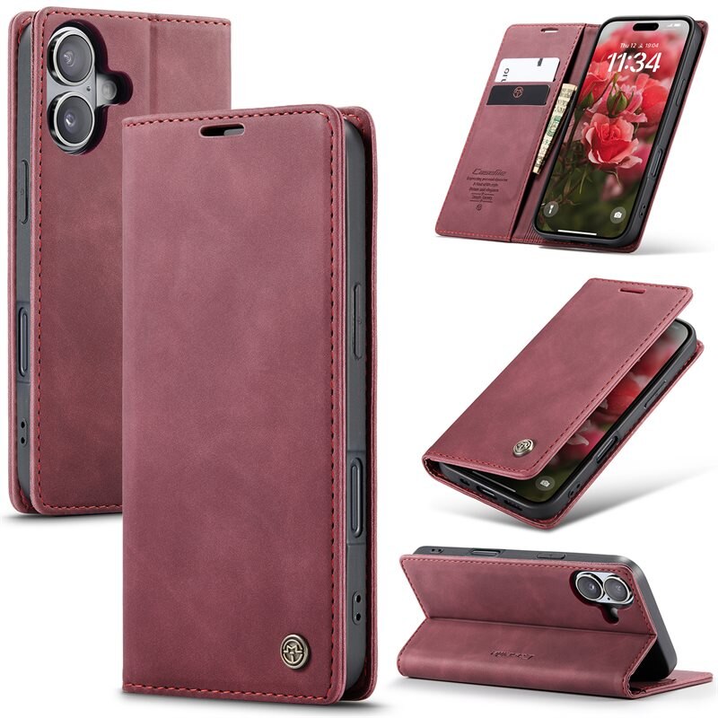 CaseMe Slim Bookcover Hoesje iPhone 16 Rood - Dun telefoonhoesje met pasjeshouder