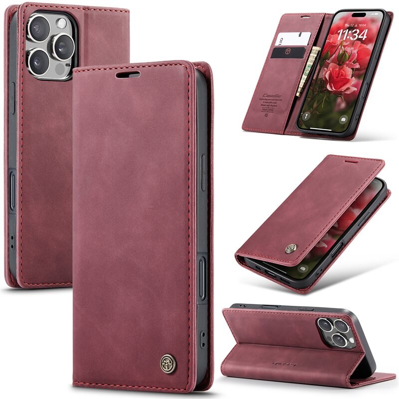 CaseMe Slim Bookcover Hoesje iPhone 16 Pro Rood - Dun telefoonhoesje met pasjeshouder