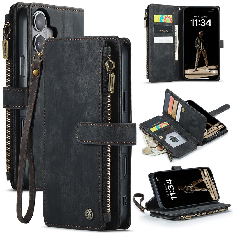 CaseMe Bookcover hoesje Rits iPhone 16 Plus Zwart - Telefoonhoesje met portemonnee - Plek voor pasjes, muntgeld en briefgeld