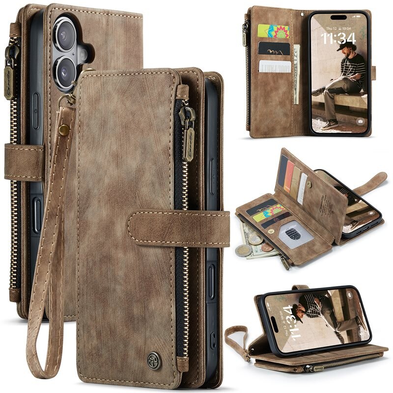 CaseMe Bookcover hoesje Rits iPhone 16 Bruin - Telefoonhoesje met portemonnee - Plek voor pasjes, muntgeld en briefgeld