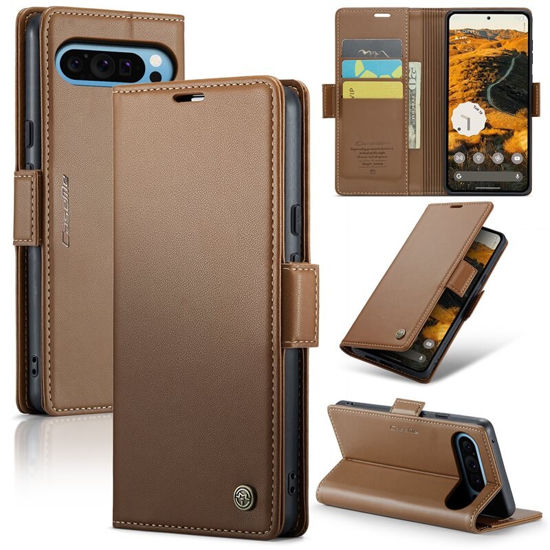 CaseMe RFID blocking Slim Bookcover Hoesje Google Pixel 9 Pro XL Bruin - Telefoonhoesje met portemonnee en RFID-bescherming
