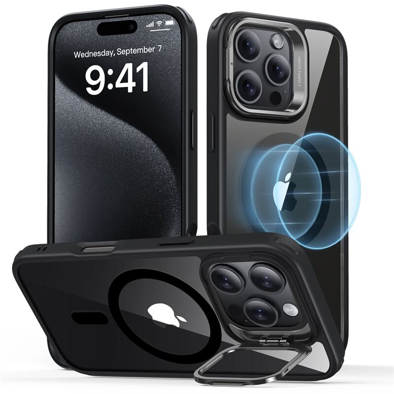ESR Classic Kickstand HaloLock MagSafe iPhone 16 Pro Max Zwart/transparant - Schokbestendig magnetisch hoesje met uitvouwbare steun