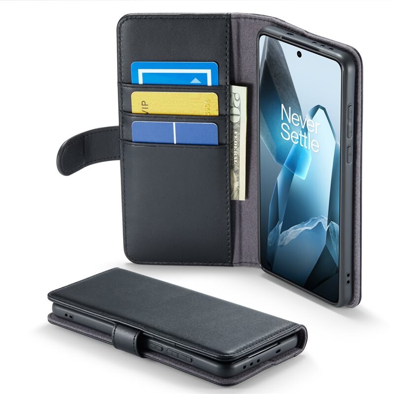 Mobique OnePlus 13 Echt lederen hoesje Zwart - Klassiek boekhoesje met plek voor briefgeld en pasjes