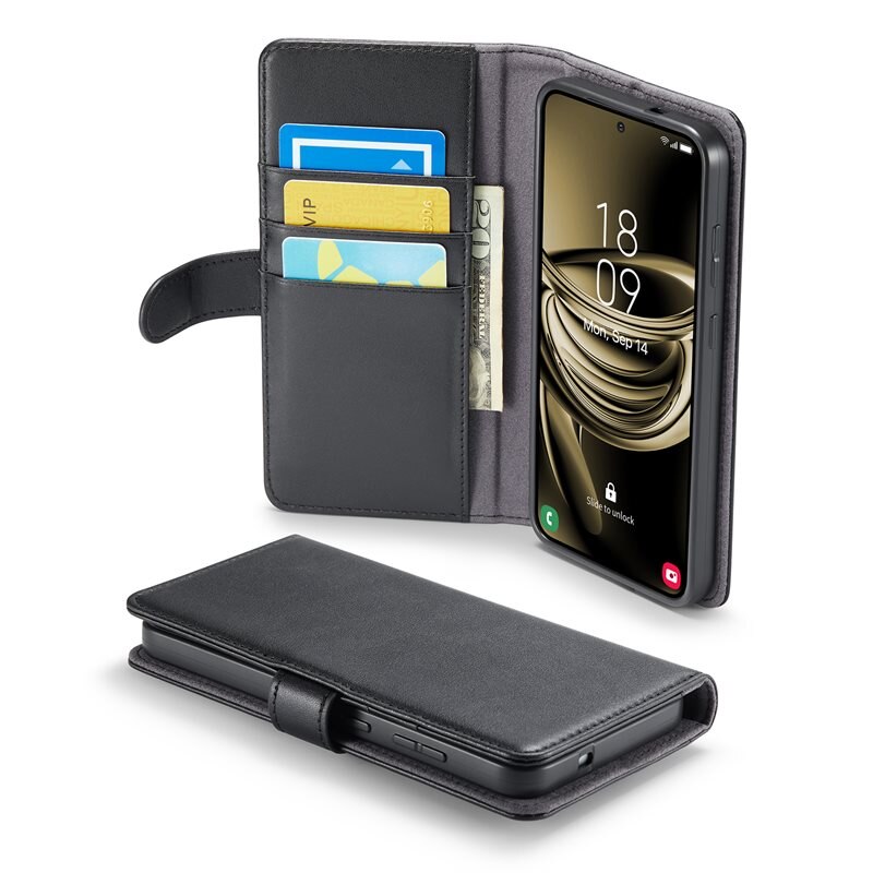 Mobique Samsung Galaxy S25 Echt lederen hoesje Zwart - Klassiek boekhoesje met plek voor briefgeld en pasjes