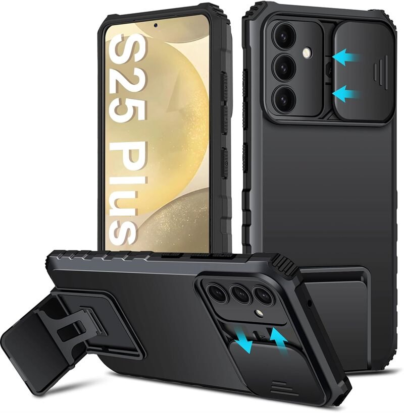 Samsung Galaxy S25 Plus Kickstand Hoesje met Camera Protector Zwart - Hoesje met cameragat en uitschuifbare standaard