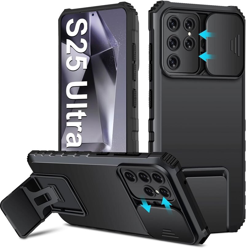 Samsung Galaxy S25 Ultra Kickstand Hoesje met Camera Protector Zwart - Hoesje met cameragat en uitschuifbare standaard