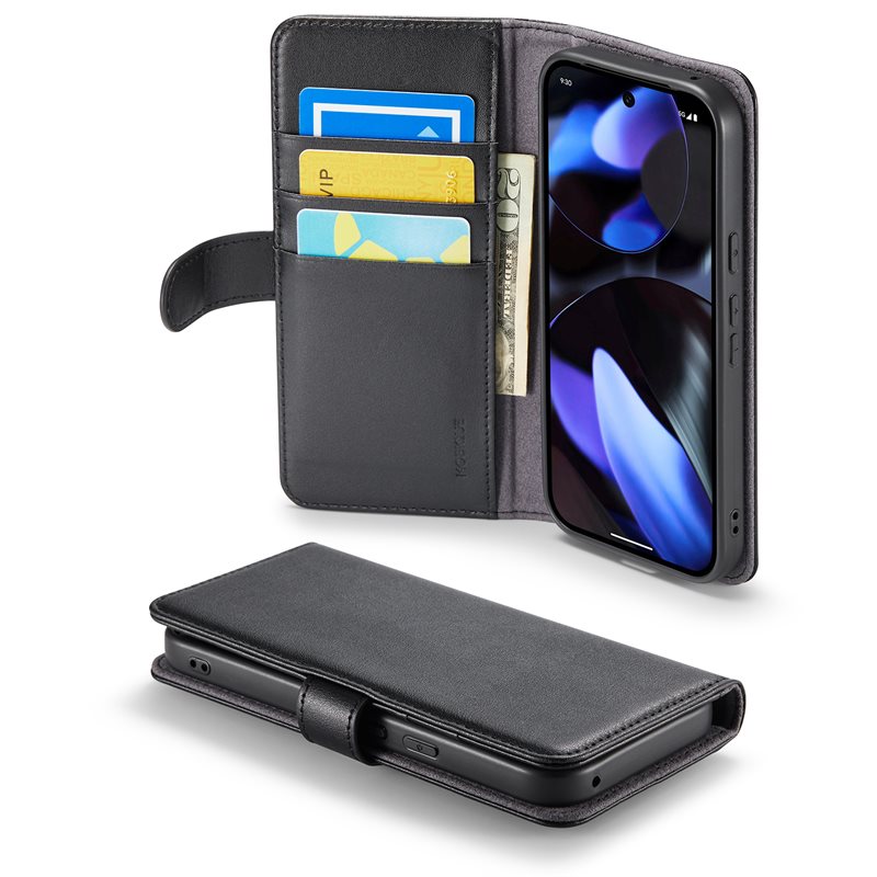 Mobique Google Pixel 9a Echt lederen hoesje Zwart - Klassiek boekhoesje met plek voor briefgeld en pasjes
