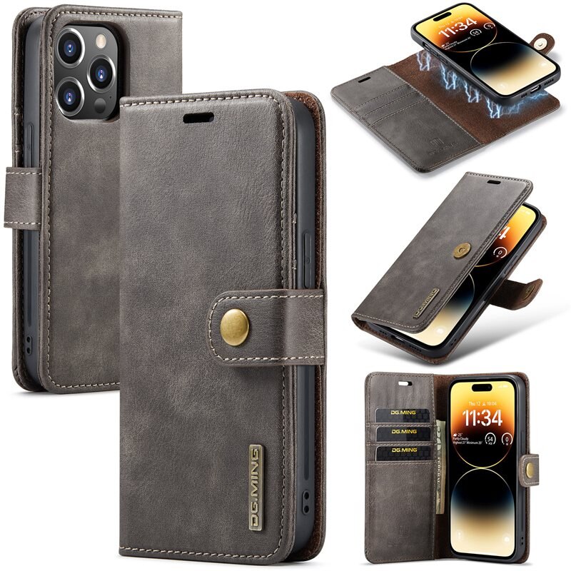 DG.MING Magnet Wallet iPhone 15 Pro Brown - Stijlvol lederen boekhoesje met afneembaar magnetisch binnenhoesje