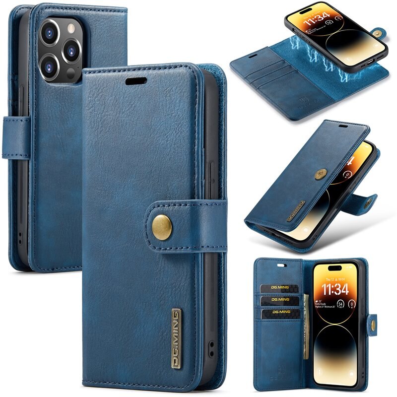 DG.MING Magnet Wallet iPhone 15 Pro Max Blue - Stijlvol lederen boekhoesje met afneembaar magnetisch binnenhoesje
