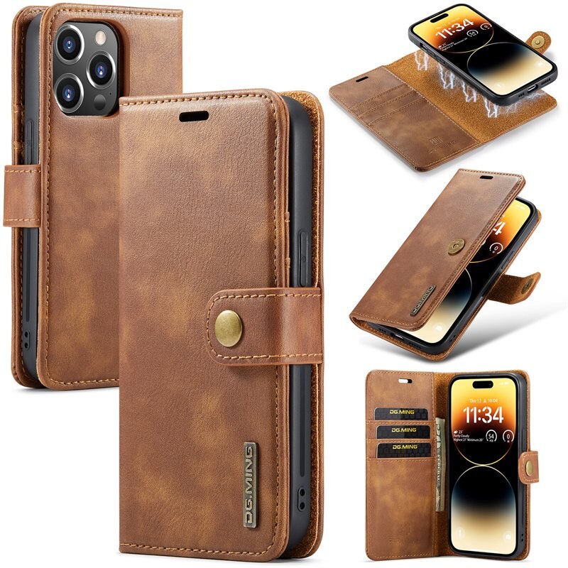 DG.MING Magnet Wallet iPhone 14 Pro Cognac - Stijlvol lederen boekhoesje met afneembaar magnetisch binnenhoesje