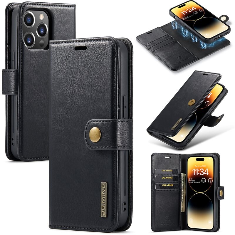 DG.MING Magnet Wallet iPhone 15 Pro Black - Stijlvol lederen boekhoesje met afneembaar magnetisch binnenhoesje