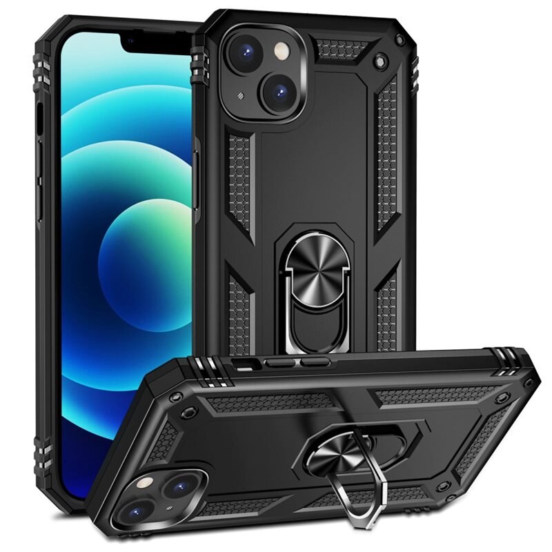 iPhone 14 Plus Hybridcase Tech Ring Zwart - Cool telefoonhoesje met ring voor betere grip