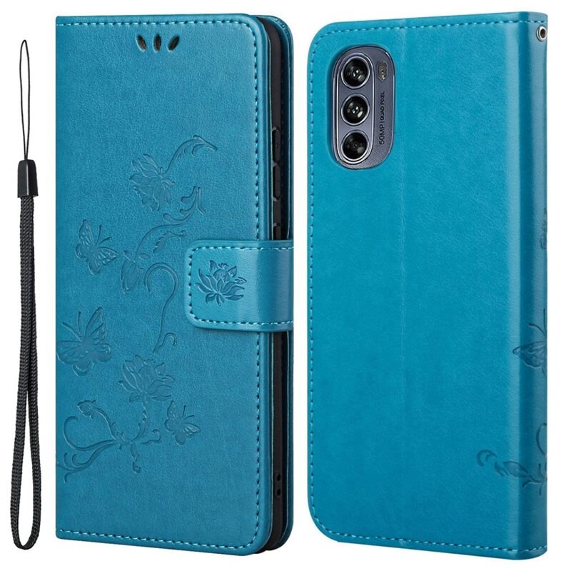 Motorola Moto G62 Leren vlinderhoesje Blauw - Mooi telefoonhoesje met patroontje