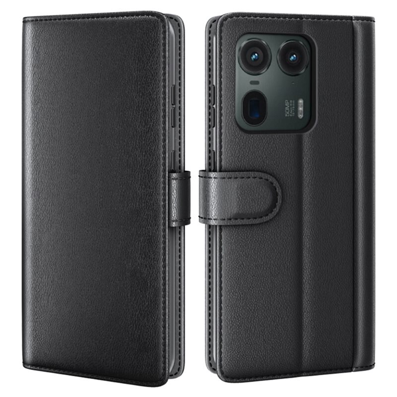 Motorola Edge 50 Ultra Echt lederen hoesje Zwart - Klassiek boekhoesje met plek voor briefgeld en pasjes