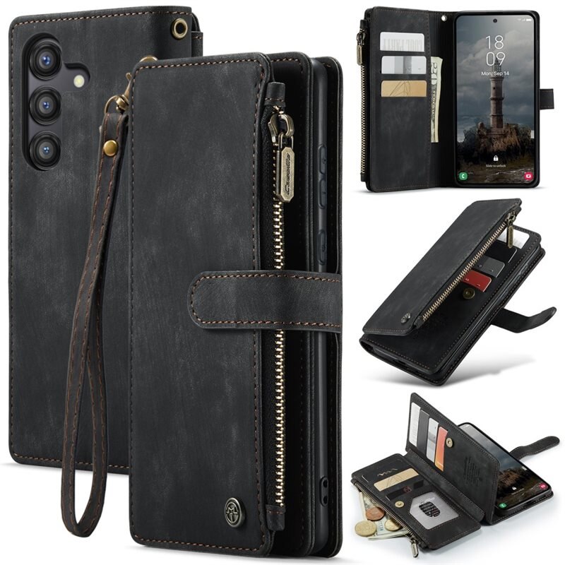 CaseMe Bookcover hoesje Rits Samsung Galaxy A55 Zwart - Telefoonhoesje met portemonnee - Plek voor pasjes, muntgeld en briefgeld