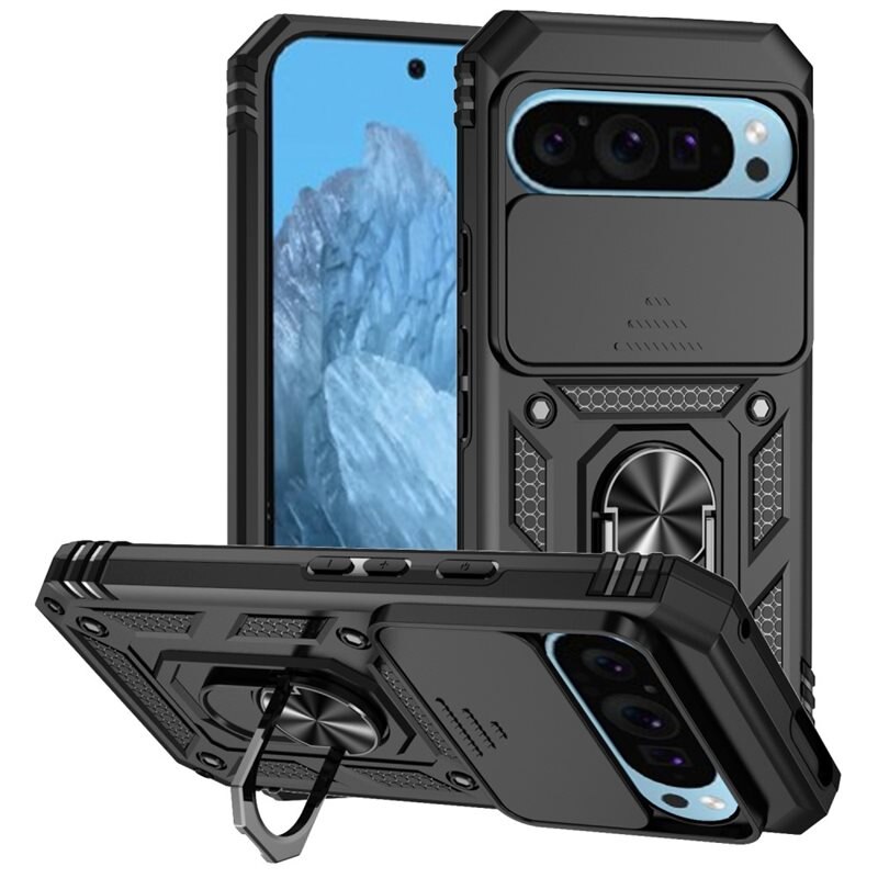 Google Pixel 9 Pro Hybridcase Ring + Camera Protector Zwart - Cool hoesje met gripring en cameraluikje