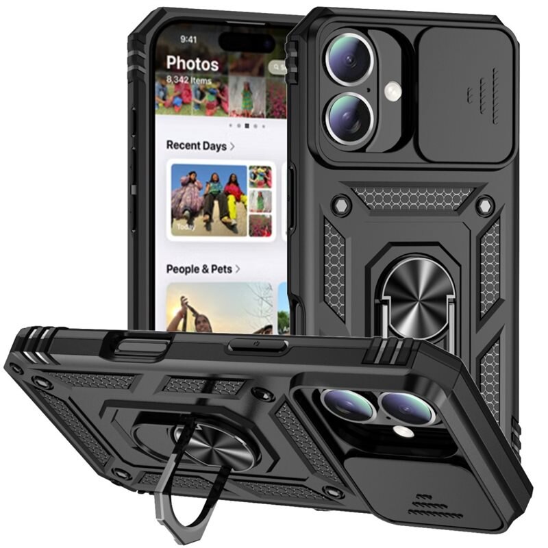 iPhone 16 Plus Hybridcase Ring + Camera Protector Zwart - Cool hoesje met gripring en cameraluikje