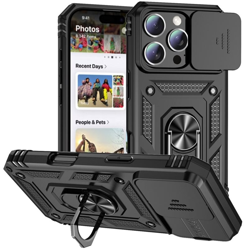 iPhone 16 Pro Hybridcase Ring + Camera Protector Zwart - Cool hoesje met gripring en cameraluikje