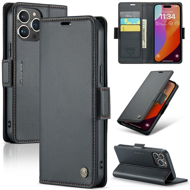 CaseMe RFID blocking Slim Bookcover Hoesje iPhone 16 Pro Max Zwart - Telefoonhoesje met portemonnee en RFID-bescherming