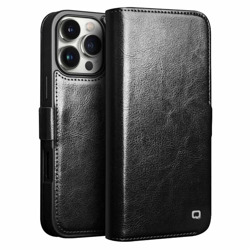 Qialino Leather Wallet Case iPhone 16 Pro Black