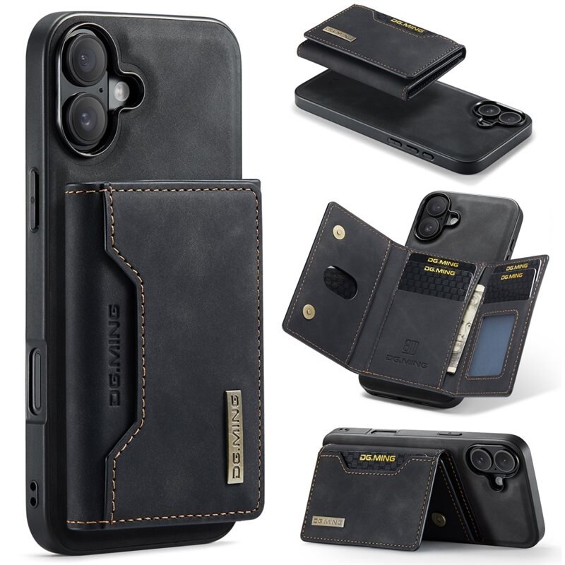DG.MING Magnetic Card Slots Case iPhone 16 Zwart - Mooi leren hoejse met afneembaar portemonneetje