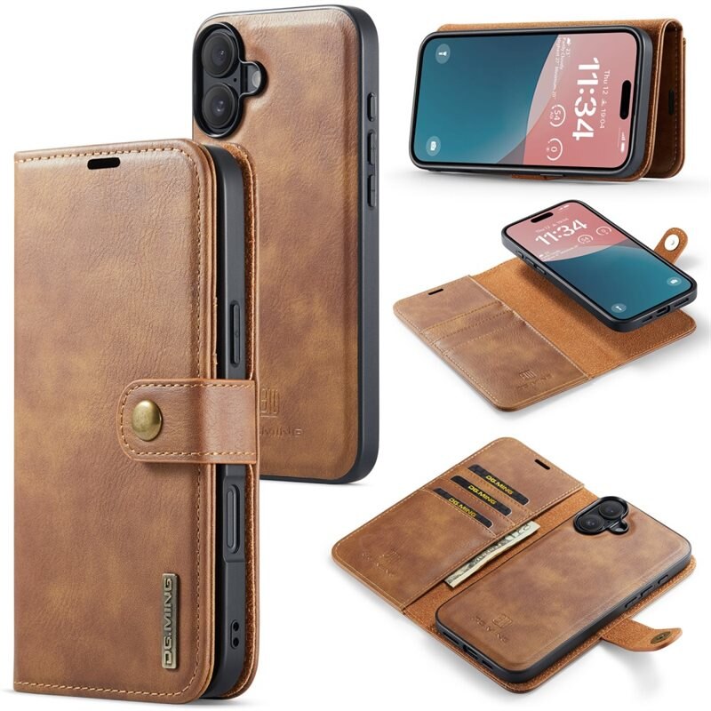 DG.MING Magnet Wallet iPhone 16 Plus Cognac - Stijlvol lederen boekhoesje met afneembaar magnetisch binnenhoesje
