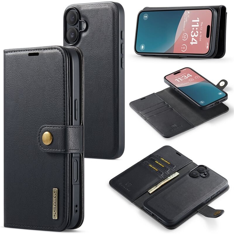 DG.MING Magnet Wallet iPhone 16 Black - Stijlvol lederen boekhoesje met afneembaar magnetisch binnenhoesje