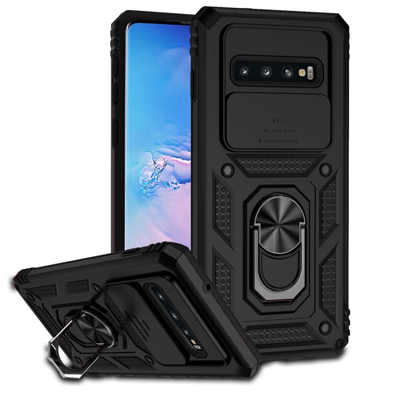 Samsung Galaxy S10 Plus Hybridcase Ring + Camera Protector Zwart - Cool hoesje met gripring en cameraluikje