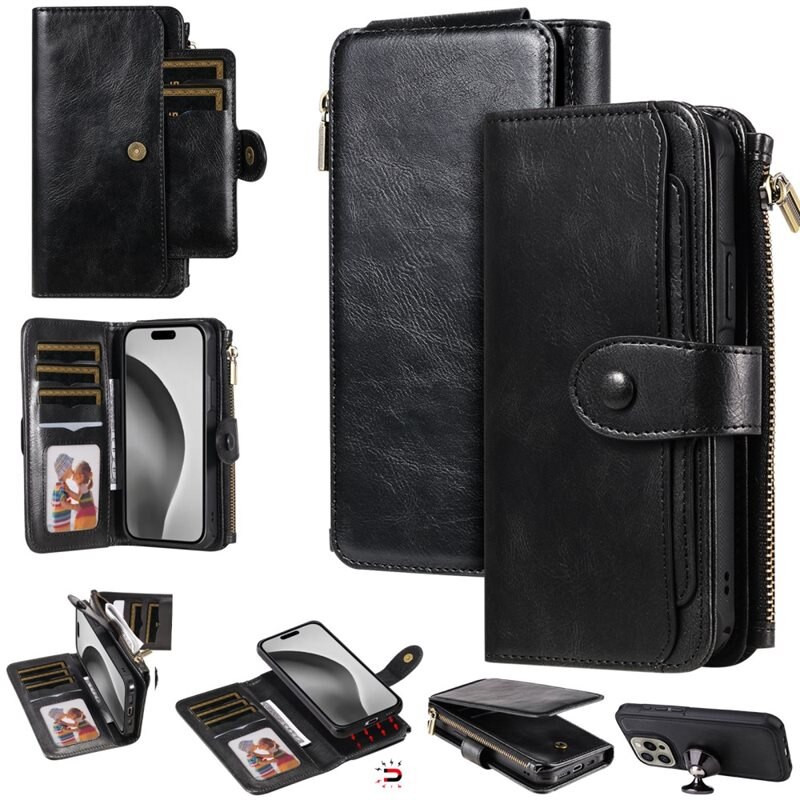 iPhone 16 Pro Magnet Leather Multi-Wallet zwart - Boekhoesje met losse magneetcase
