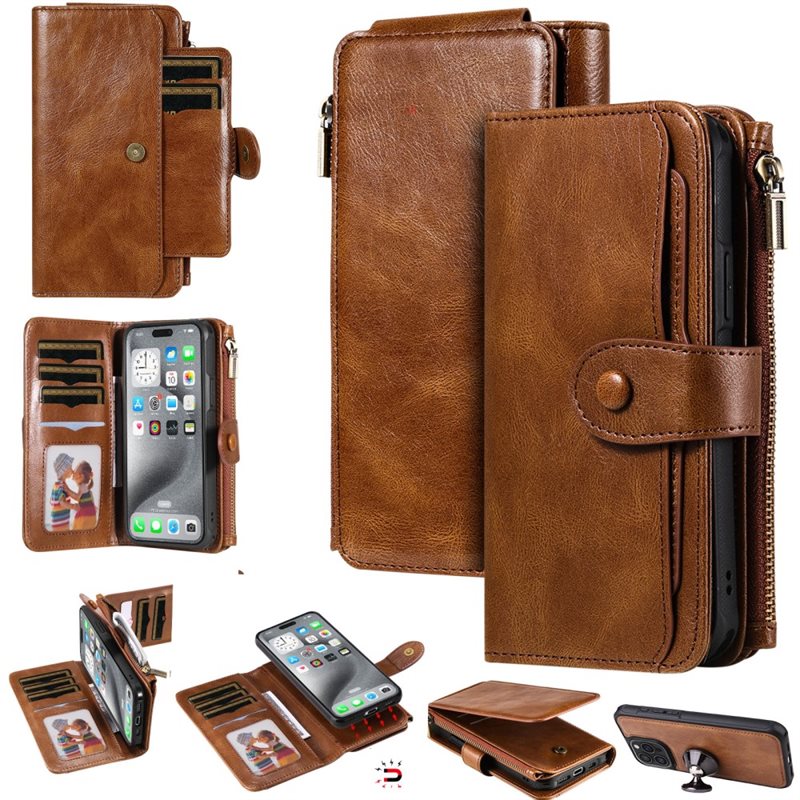 iPhone 16 Pro Max Magnet Leather Multi-Wallet bruin - Boekhoesje met losse magneetcase