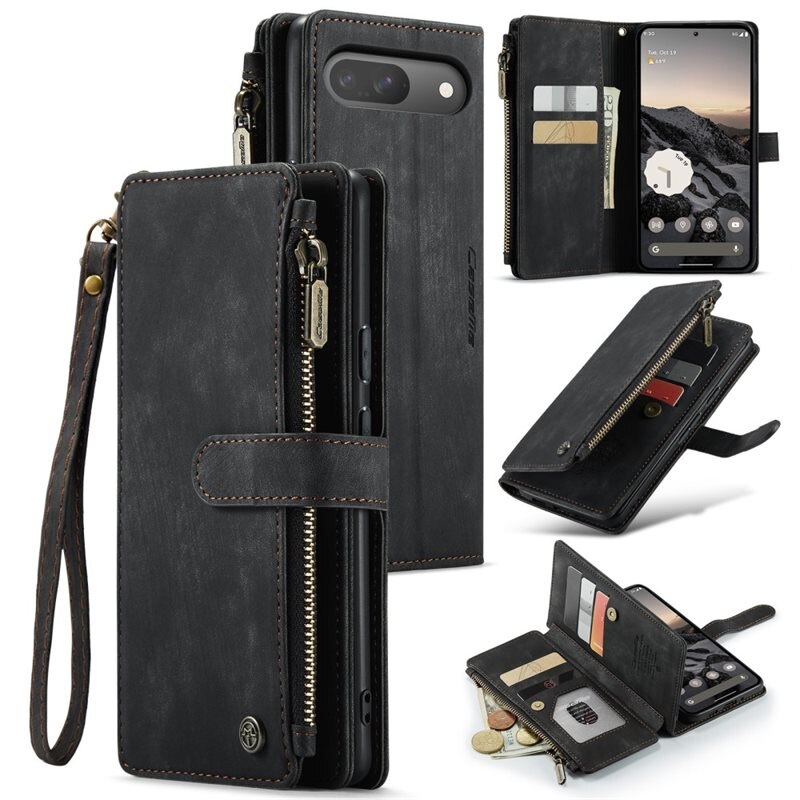 CaseMe Bookcover hoesje Rits Google Pixel 9 Zwart - Telefoonhoesje met portemonnee - Plek voor pasjes, muntgeld en briefgeld