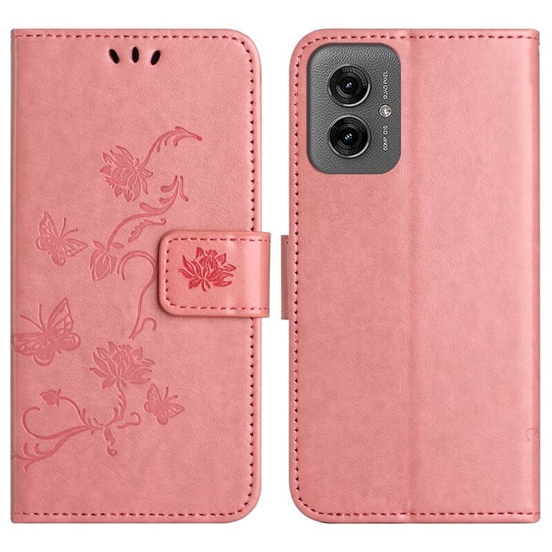Motorola Moto G55 Leren vlinderhoesje Roze - Mooi telefoonhoesje met patroontje