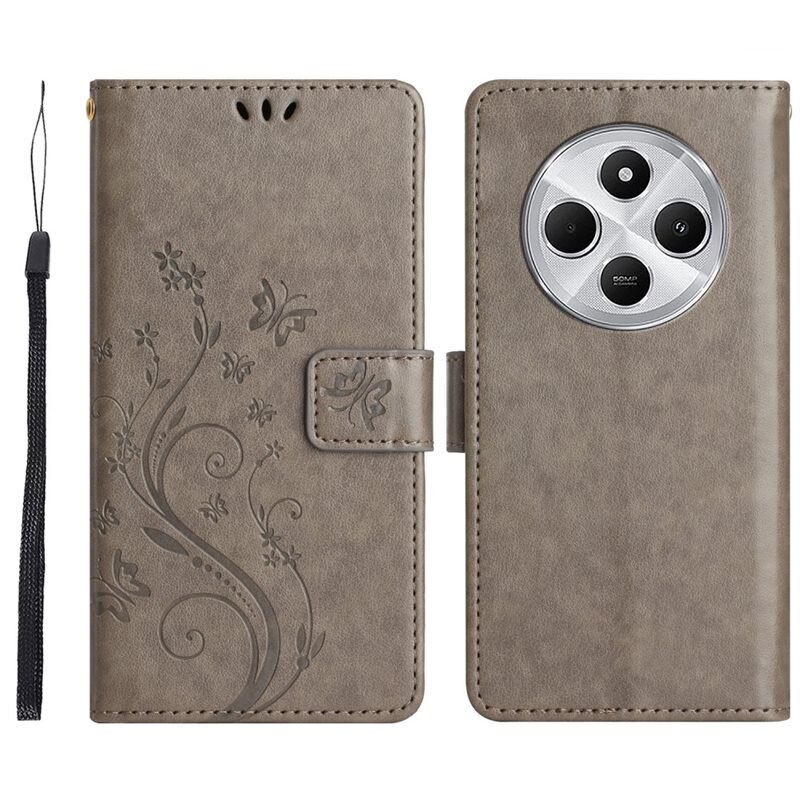Xiaomi Redmi 14C Leren vlinderhoesje Grijs - Mooi telefoonhoesje met patroontje
