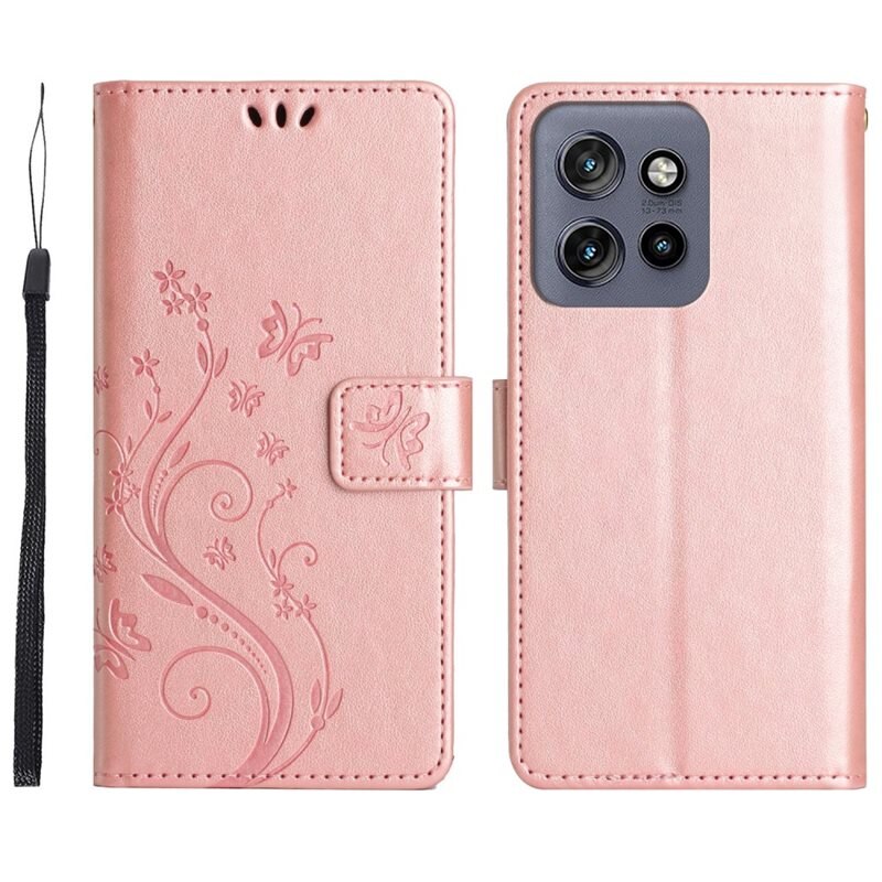 Motorola ThinkPhone 25 Leren vlinderhoesje Rosé goud - Mooi telefoonhoesje met patroontje