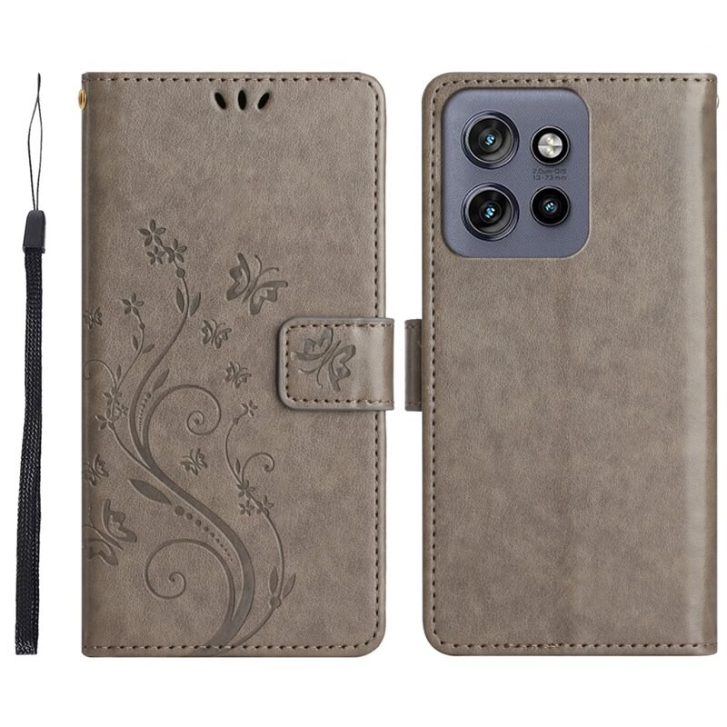 Motorola Edge 50 Neo Leren vlinderhoesje Grijs - Mooi telefoonhoesje met patroontje