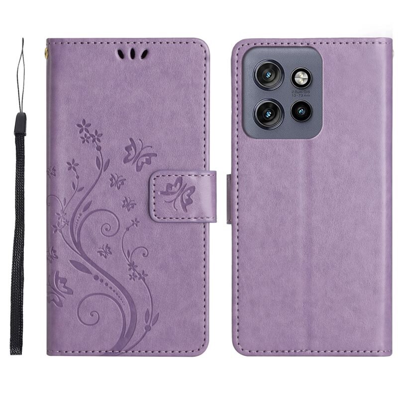 Motorola Edge 50 Neo Leren vlinderhoesje Paars - Mooi telefoonhoesje met patroontje