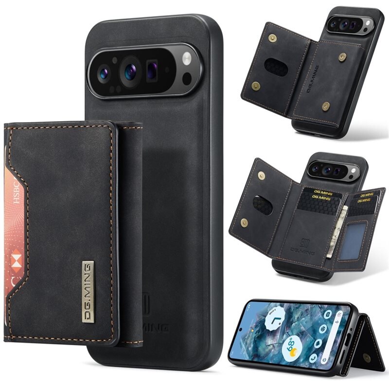 DG.MING Magnetic Card Slots Case Google Pixel 10 Pro XL Zwart - Mooi leren hoejse met afneembaar portemonneetje