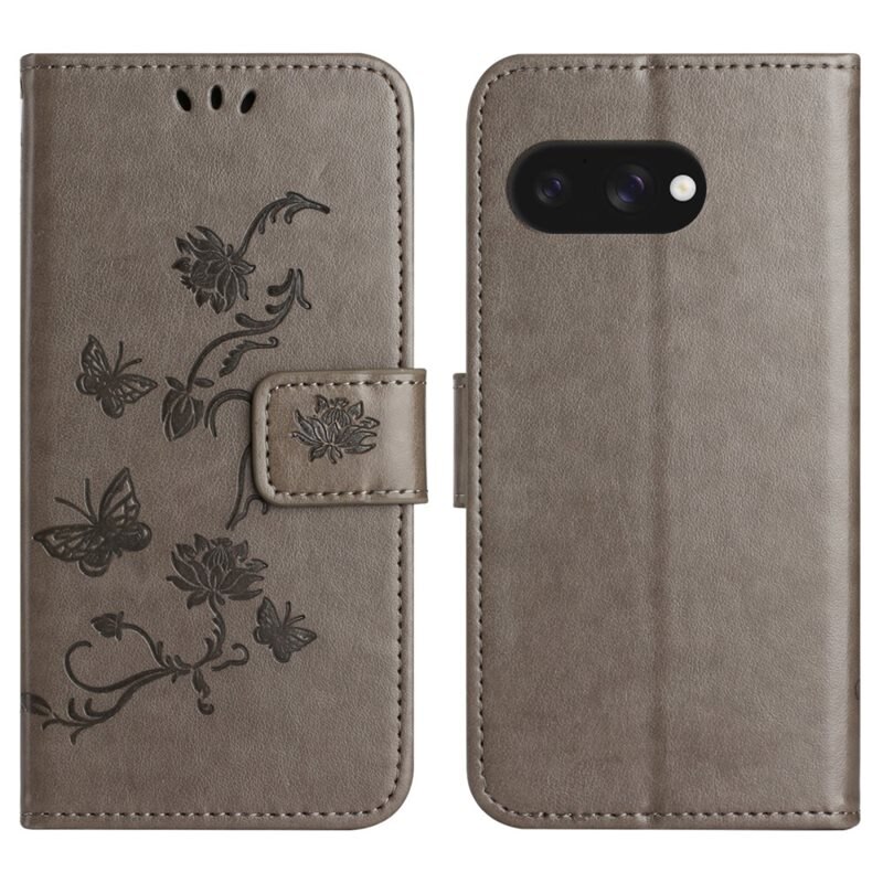 Google Pixel 9a Leren vlinderhoesje Grijs - Mooi telefoonhoesje met patroontje