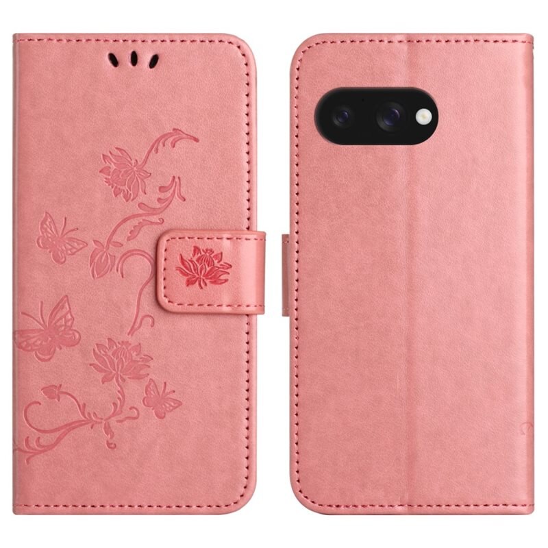 Google Pixel 9a Leren vlinderhoesje Roze - Mooi telefoonhoesje met patroontje