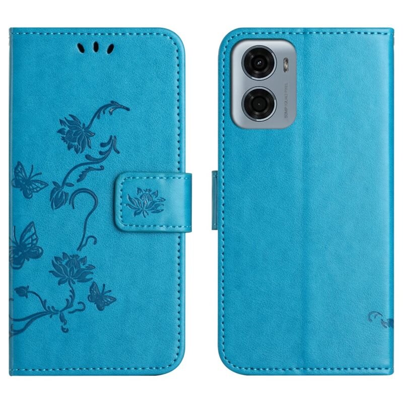 Motorola Moto E15 Leren vlinderhoesje Blauw - Mooi telefoonhoesje met patroontje